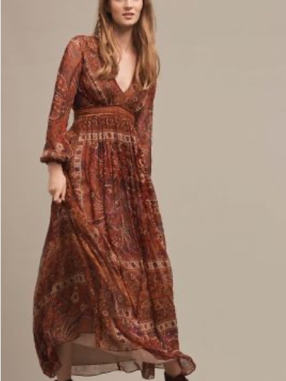 Anthropologie Ranna Gill Ceret Maxi Dress Red Floral Geometric Chiffon 4 V-Neck